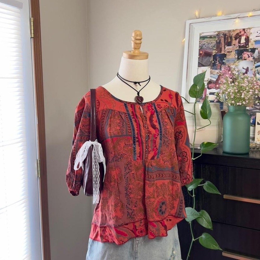 Paisley Boho Patchwork Style Blouse Size Large Hippie Festival Fairy - Picture 1 of 8